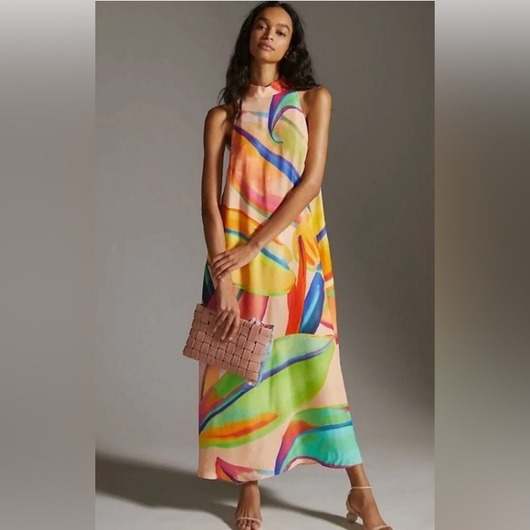 Farm Rio x Anthropologie Halter Maxi Dress High Neck Keyhole Back Leaf Print S - Picture 5 of 16